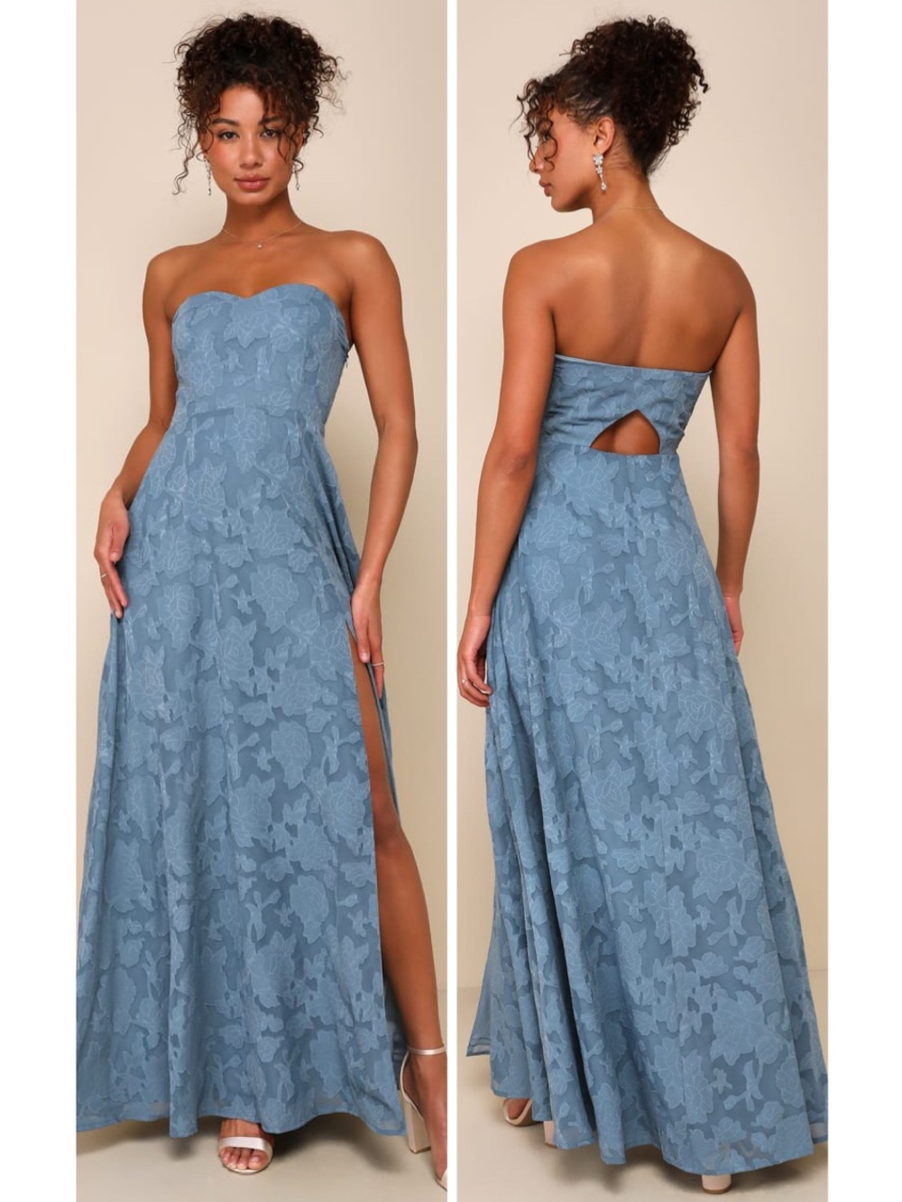 Lulus Garden of Romance Dusty Blue Floral Burnout Strapless Maxi Dress Medium